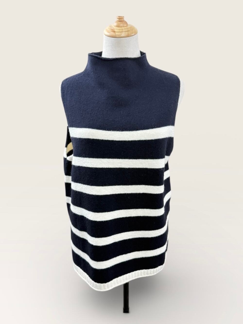 Mustard Seed Navy w/Cream Stripes Mock Neck Sleeveless Sweater, Size S